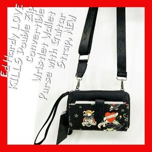 Ed Hardy Love Kills Wallet,Wristlet/Convertible CrossBody with Guitar Strap, NEW